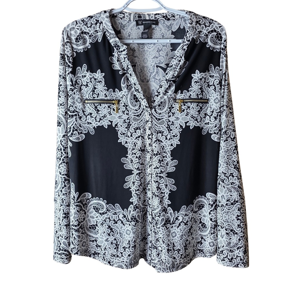 INC International Concepts L Black White Lace Print Zip Pocket Blouse Top